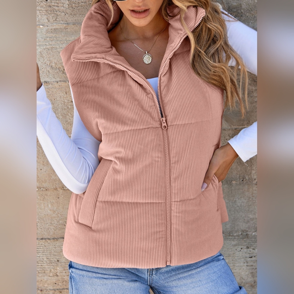 Pink Quilted Corduroy Puffer Vest For Women - Picture 2 of 7